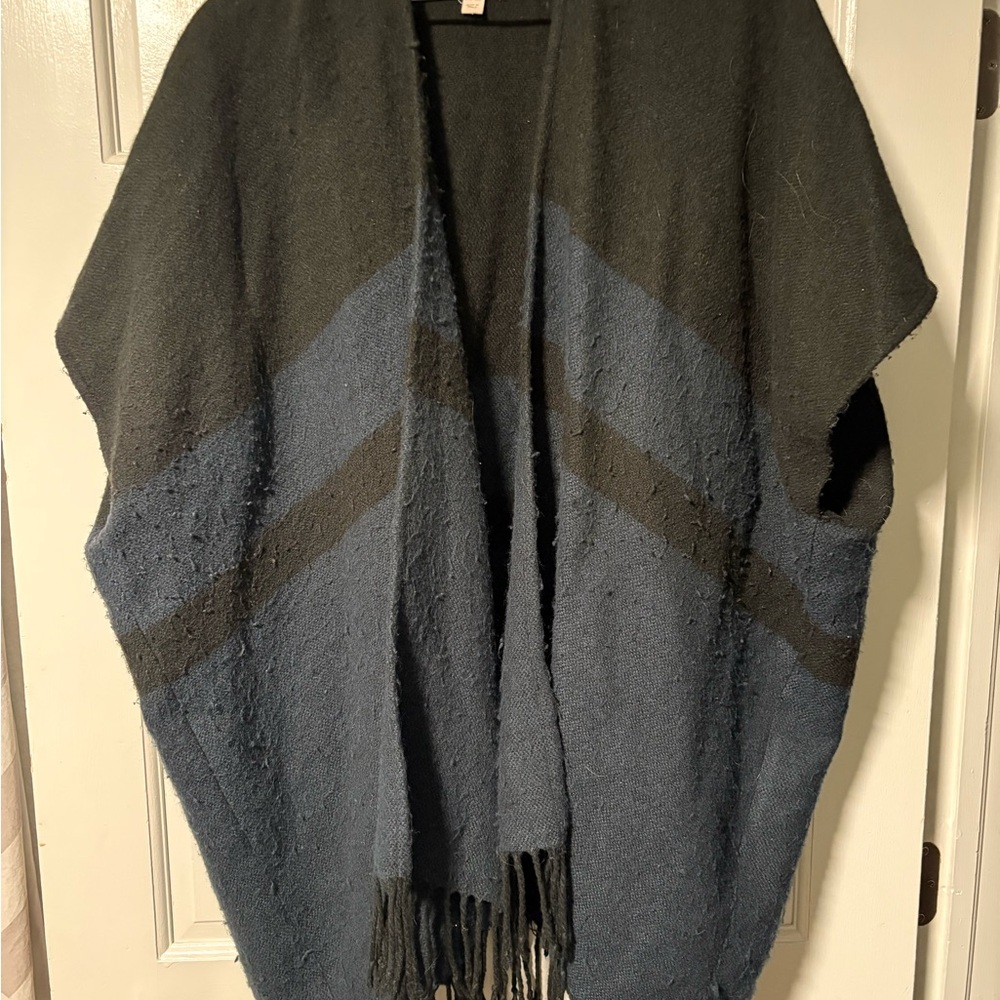 LOFT Black and Blue Fringe Poncho